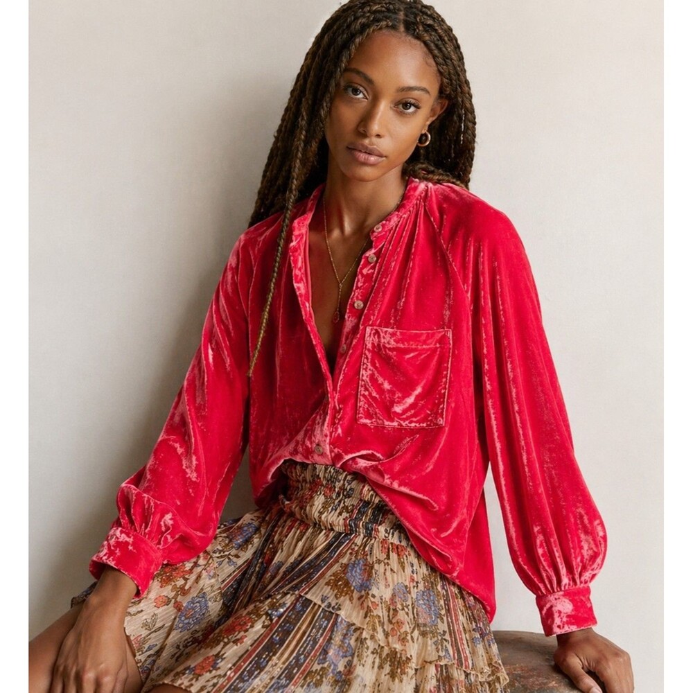 Pilcro Anthropologie Mara Red Velvet Blouse Button Down Long Sleeve Womens XL